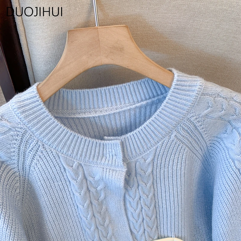 DUOJIHUI 여성용 단추 가디건, 베이직 O넥, 심플한 캐주얼 패션, 단색, 부드러운 니트, 블루