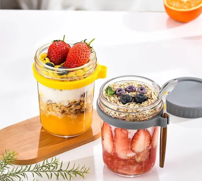 350ML Kitchen Tool Overnight Oat Cup Glass With Lid And Spoon Seal Food Breakfast Cup Portable Cereal Milk Salad Yogurt Cup