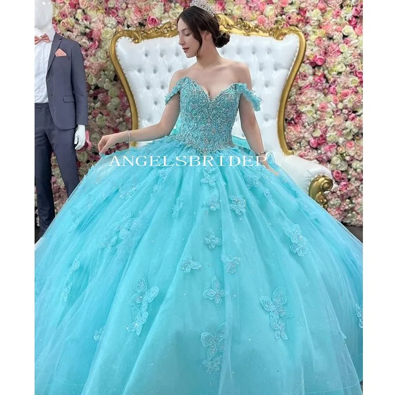 

Angelsbridep, бальное платье с открытыми плечами, платье принцессы, шикарное синее платье с аппликацией из бисера, блестящее платье с большим бантом для 15 лет