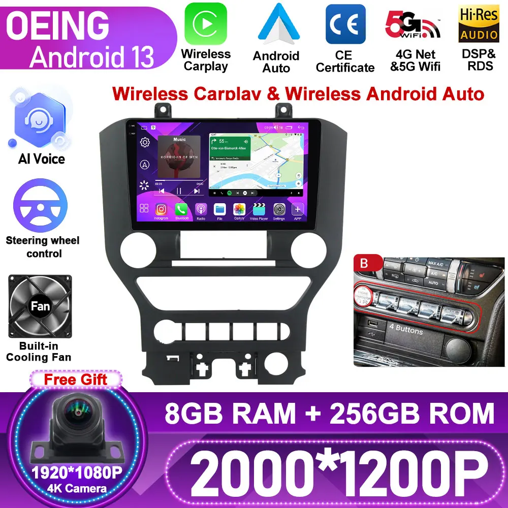 

8+256G 1200P Android For FORD Mustang 2014 - 2021 Multimedia Stereo Car Video Player Navigation GPS DSP 360° Camera BT5.0 Camera