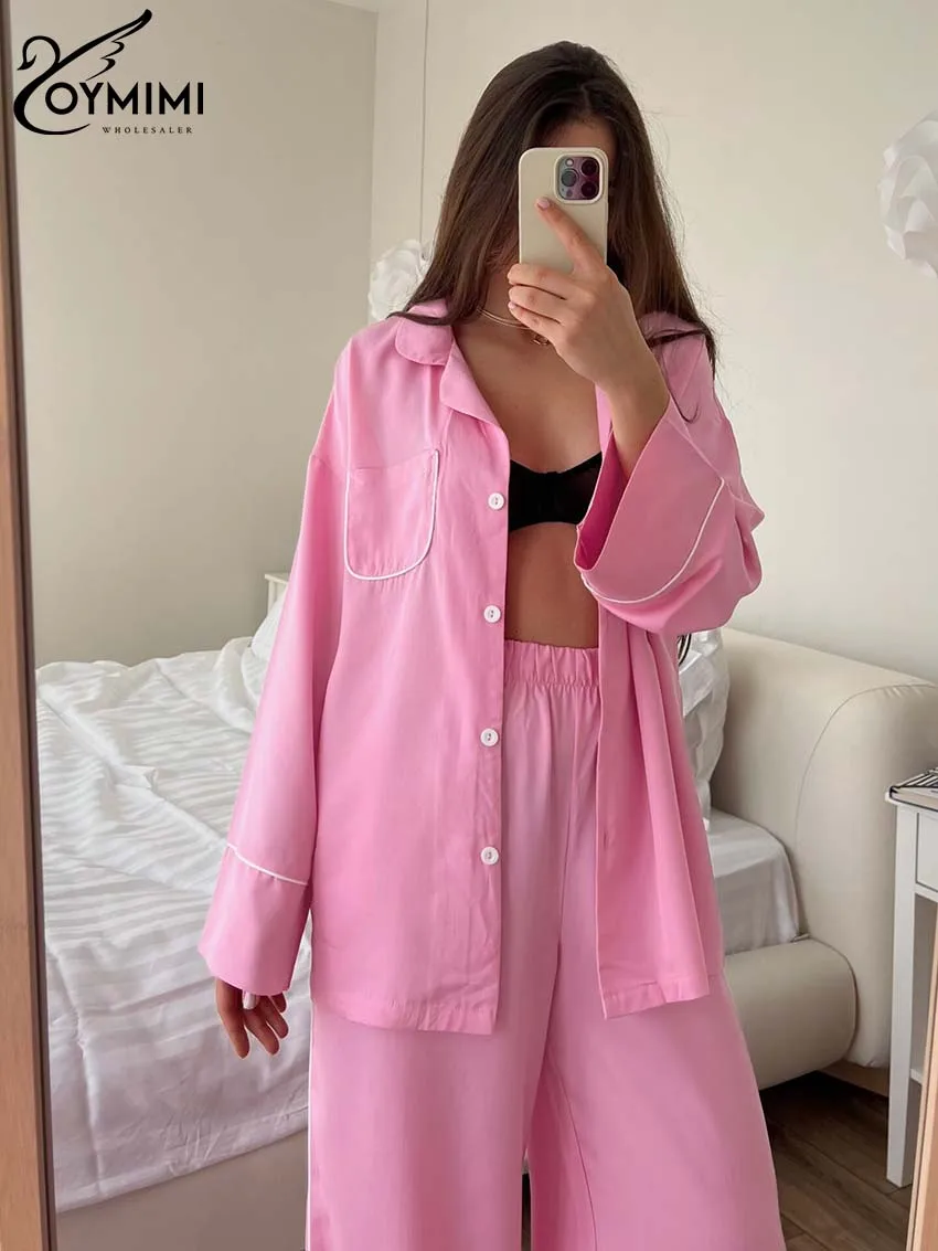 Oymimi Fashion Blue Patchwork Two Piece Set For Women Casual Lapel Long Sleeve Button Shirts And Simple Straight Trousers Sets