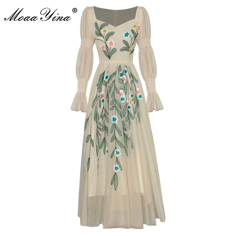 

MoaaYina Fashion Runway dress Summer Women Dress Lantern Sleeve Square Collar Floral Embroidery Mesh Vintage Party Dresses