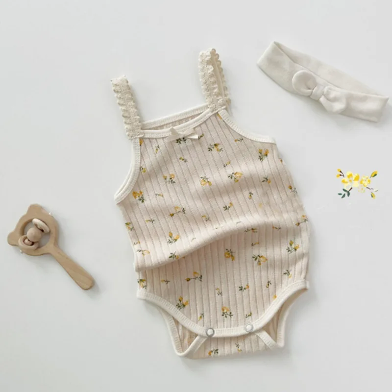 

2024 Summer New Baby Sleeveless Sling Bodysuit Cotton Newborn Toddler Girl Floral Jumpsuit Cute Infant Vest Clothes 0-24M