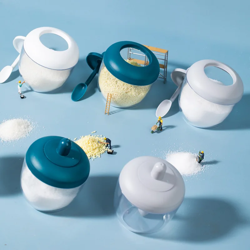 Barattolo per condimenti rotondo in stile giapponese trasparente creativo per cucina, bottiglia per condimenti con cucchiaio e coperchio, anti-umidità e anti-polvere_voghion.com