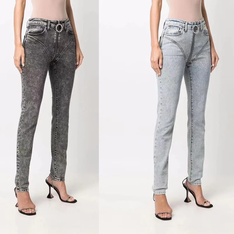 

High Quality High Street Women's Skinny Jeans 2023 New Fashion Design Diamond Zipper Snow Wash Elastic Slim Sexy Pencil Pants