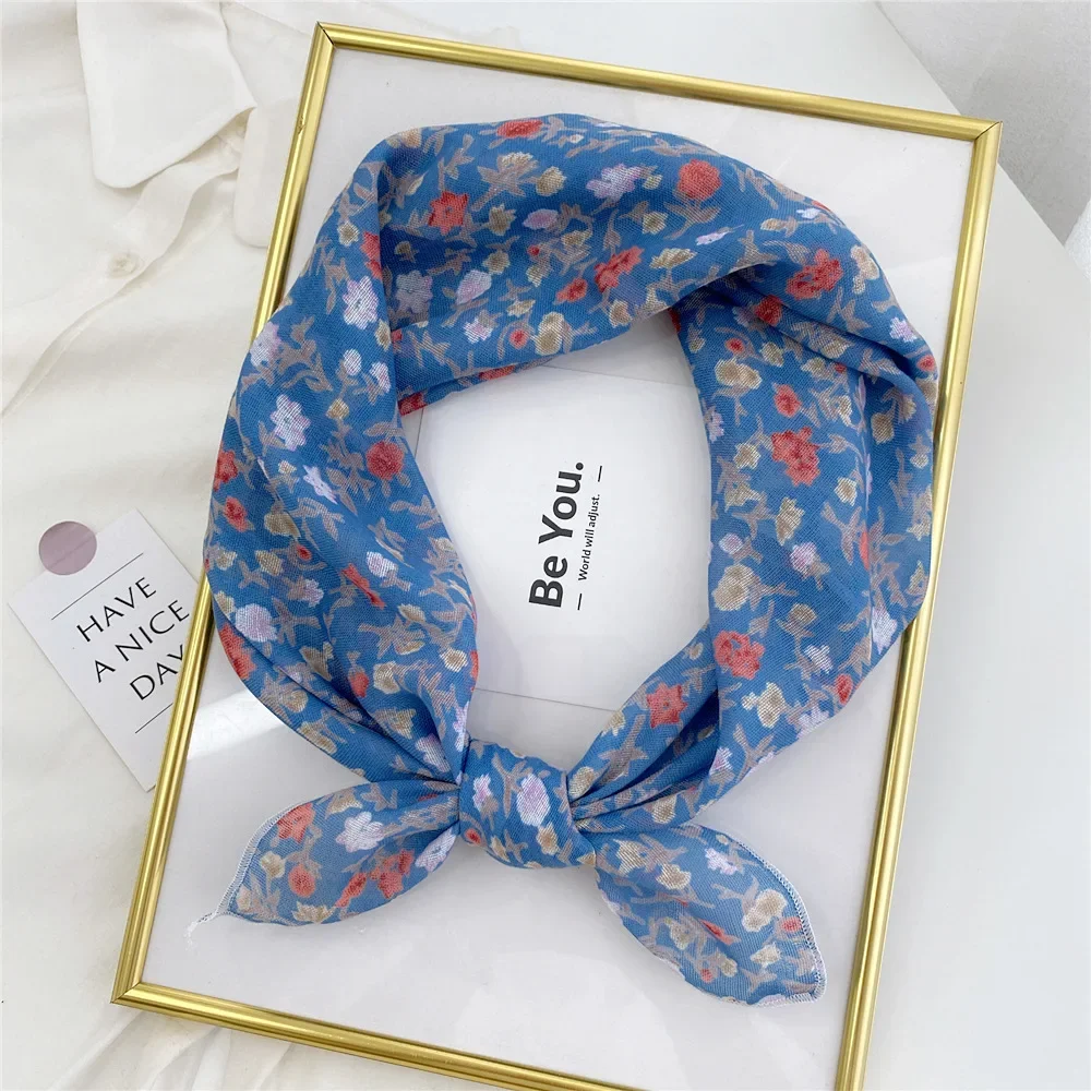 꽃 프린트 Neckerchief 작은 Hijab 스카프 여성 패션 손수건 목 스카프 Shawls 코튼 블렌드 한국어 헤어 스카프 58CM