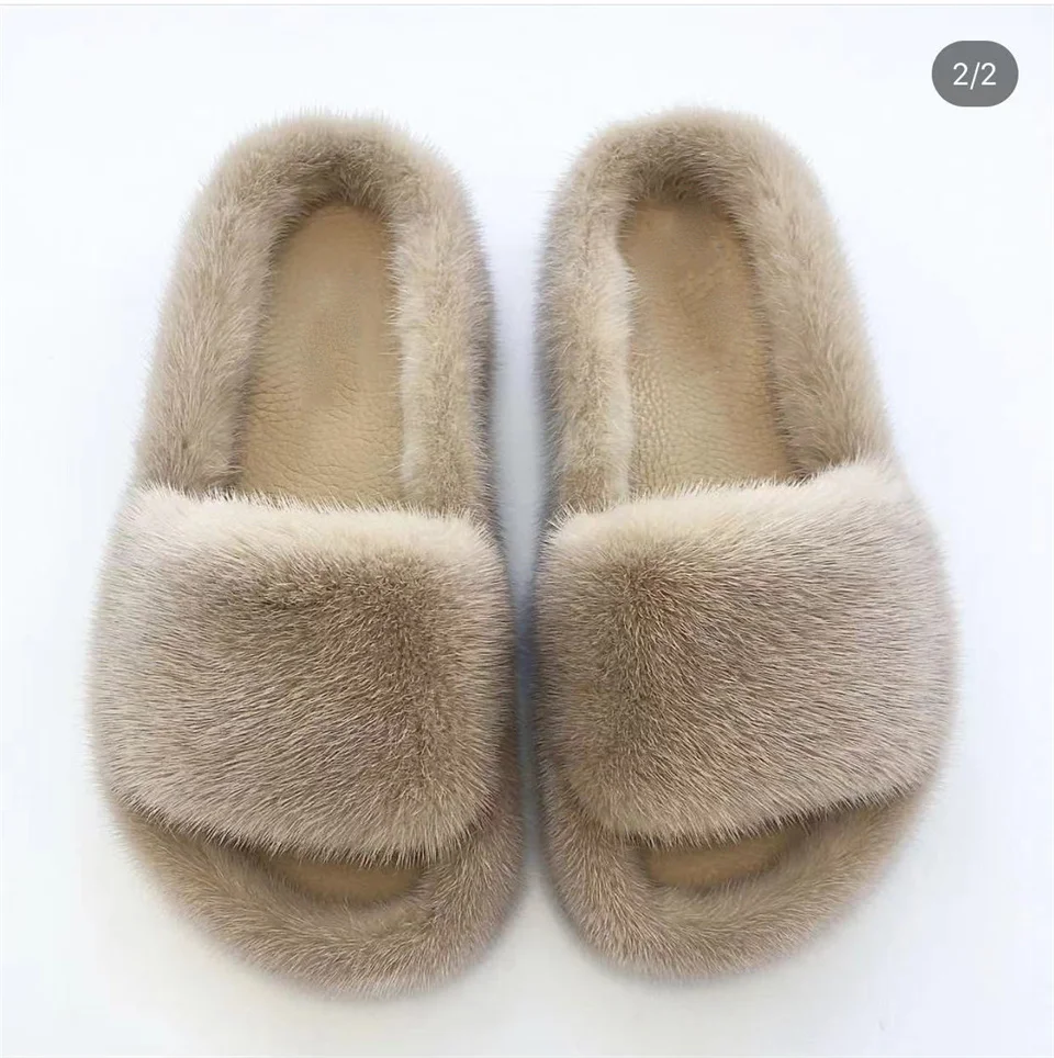 Sommerliche flauschige Fellpantoffeln für Damen, natürliche Nerzfell-Slides, flache Outdoor-Slipper, bequeme Sandalen mit weicher Sohle für Frauen – Detail 10