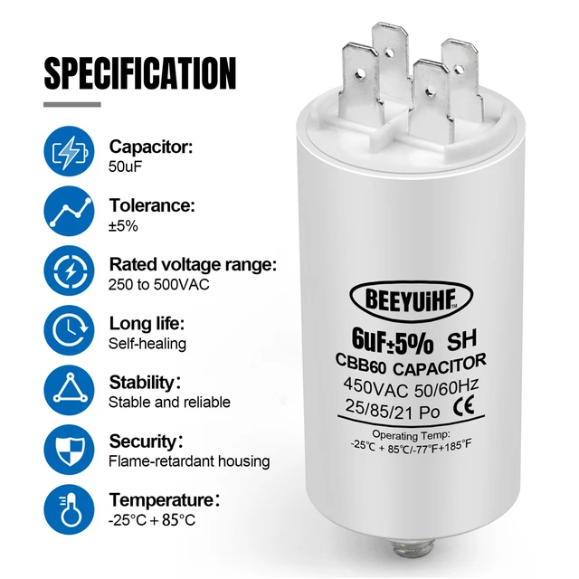 Condensador De Arranque CBB60 De 450 V Y 20 µF, Condensador De Motor De Microfaradios Con Cable Conductor 88998403