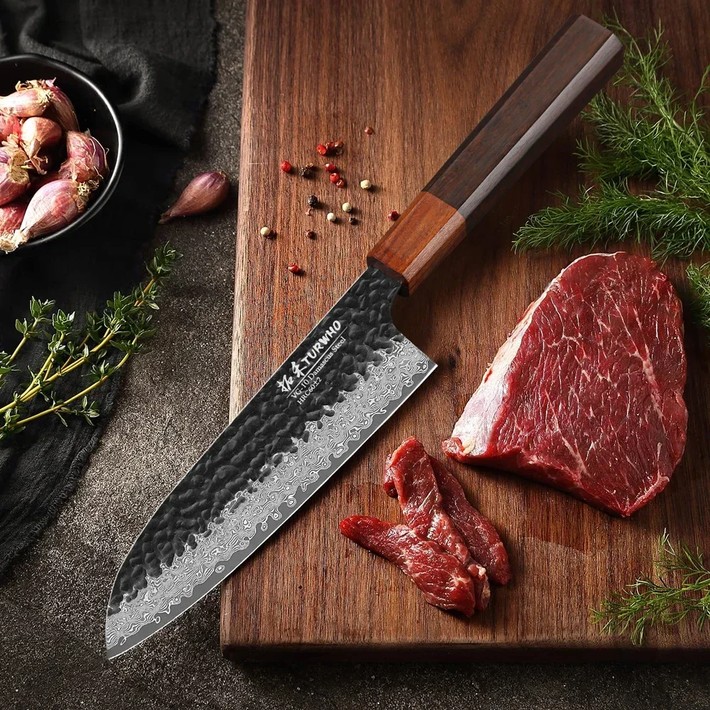 TURWHO 7-inch Japanese Santoku Knife Damascus Steel Hand