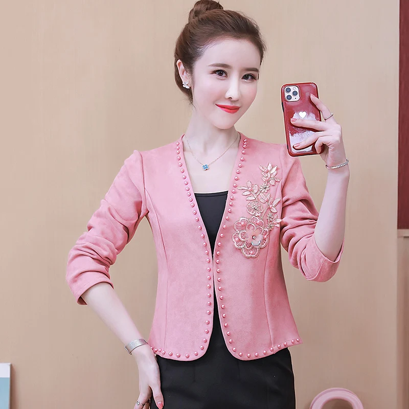 XXXXL Women Fashion Office Wear Basic Black Blazer Coat Vintage Beading Long Sleeve Business Female Outerwear Chic Tops Party