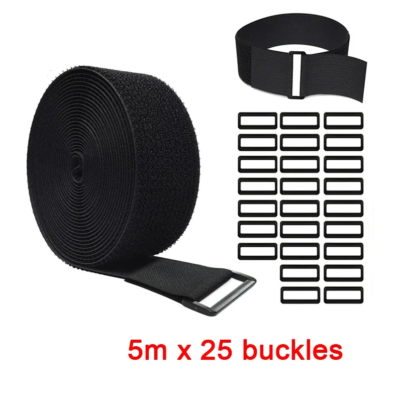 Adjustable Black Nylon Hook and Loop Fastening Straps with Buckles for Cable Organization and Storage