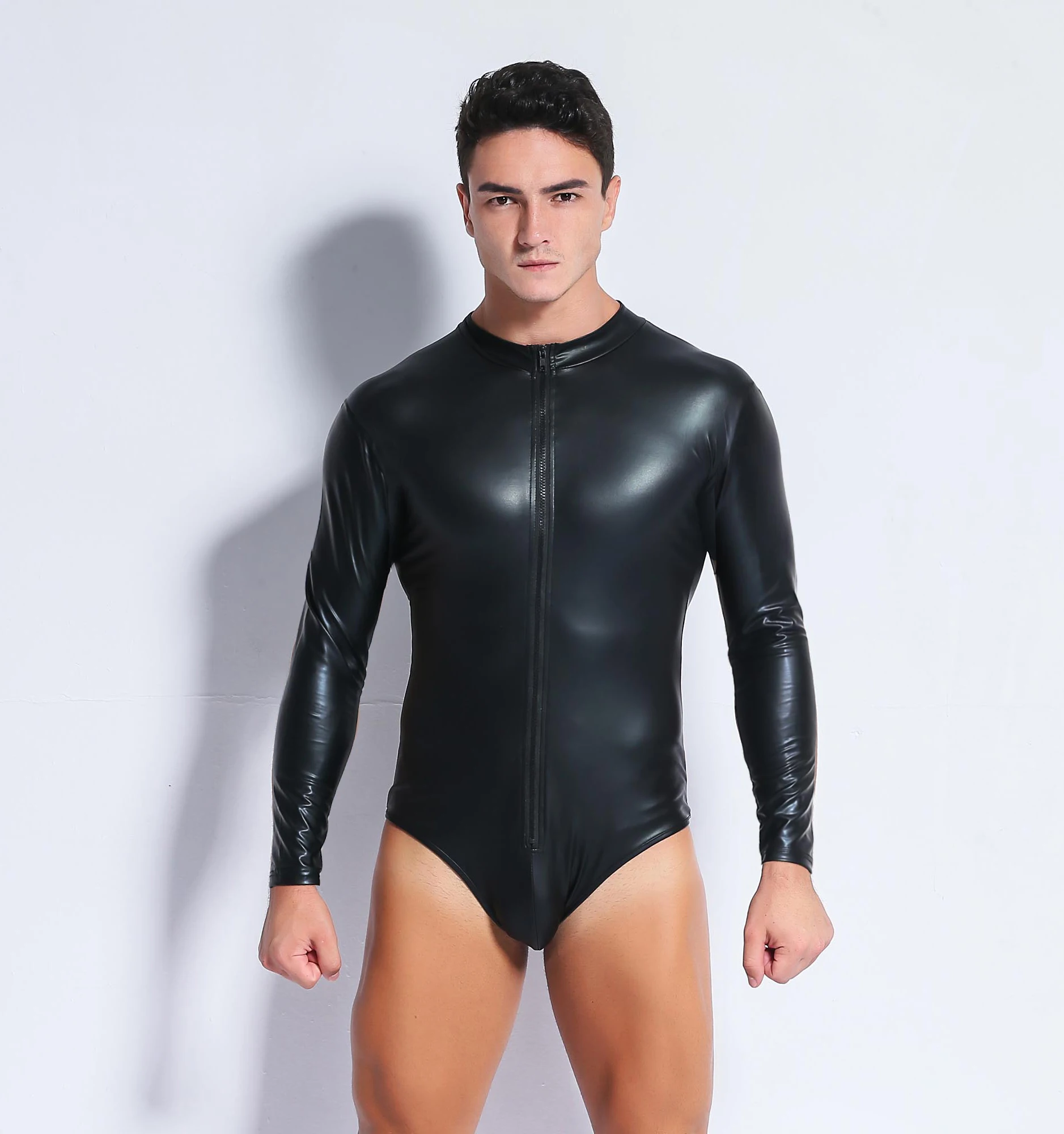 Men's Wetlook Faux Leather One Piece Skin Bodysuit Sexy Open Bust Tights Erotic Catsuit Zentai Male Fetish Costume Clubwear