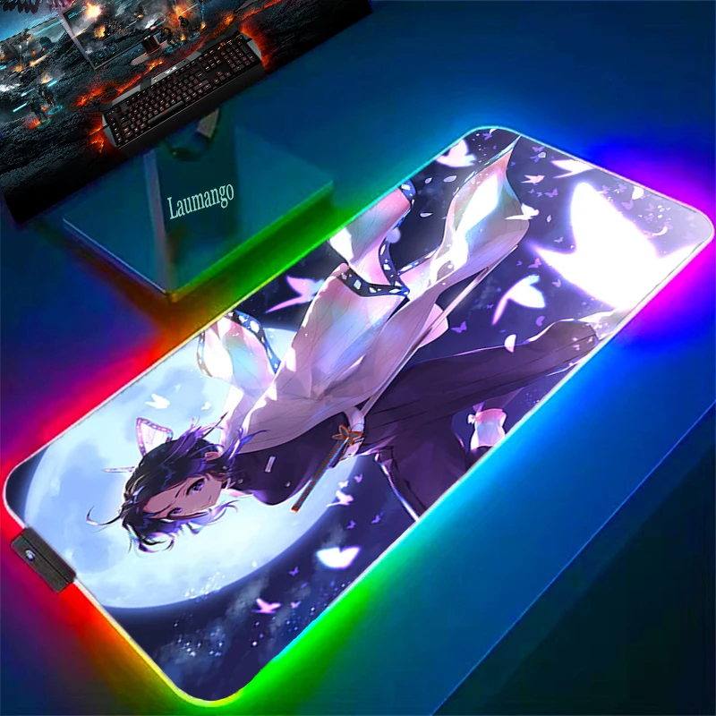 Demon Slayer RGB LED เมาส์ Pad 900X400อุปกรณ์เสริมสำนักงาน Gaming Desk Protector Yugioh Playmat
