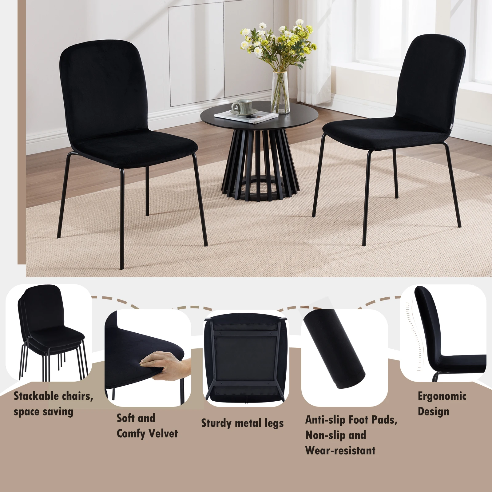 WOLTU 4 Stück/Set stapelbarer skandinavischer Küchenstuhl, Samt-Esszimmerstuhl, gepolsterter Sitz mit Metallbeinen und Rückenlehne für Restaurants – Detail 24