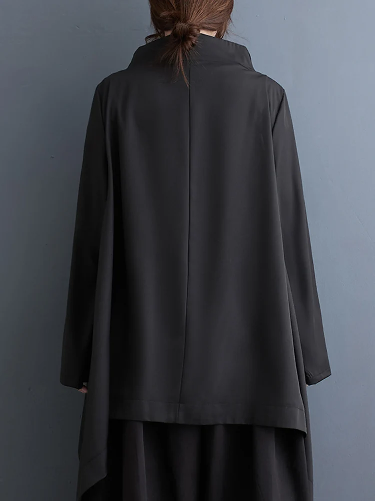 2025 Spring Autumn Black Vintage Asymmetrical Jacket Women Coat Casual Loose All Match Oversized Fashion Stand Collar Outerwear
