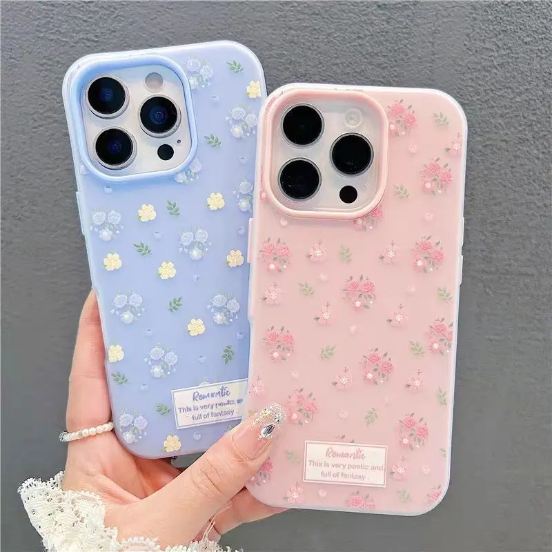 Luxury Pink Blue Floral Shockproof Matte Phone Case