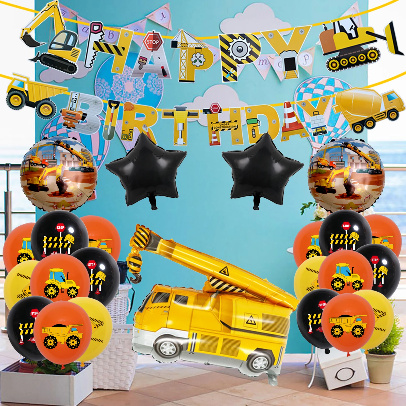 

18PCS Truck Excavator Theme Aluminium Foil Balloon Happy Birthday Christmas Party Decoration Supplies Glitter Scene Atmosphere