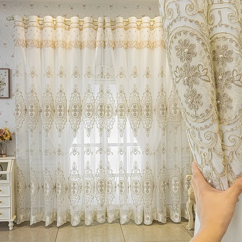 

Luxury Beaded Double Layer Translucent Curtains with Embroidered Sheer Layered Light Filtering Drape for Living Room Bedroom