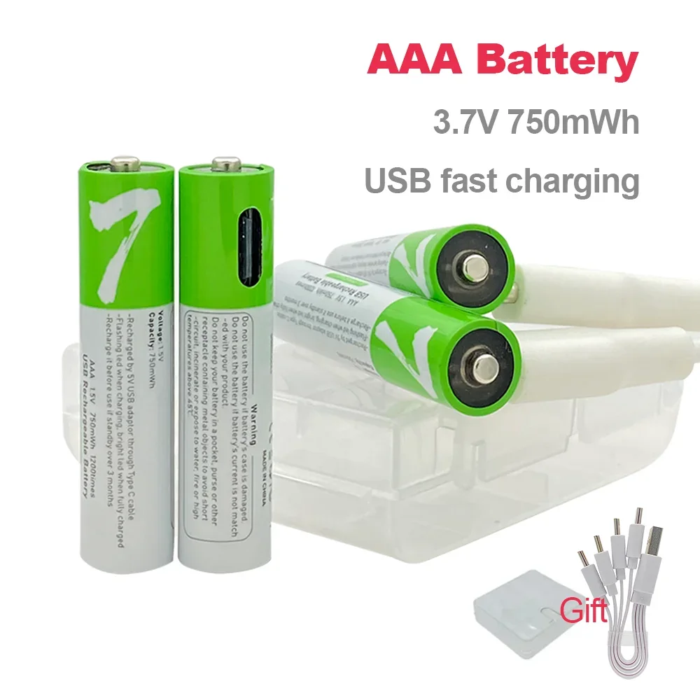 USB Rechargeable AAA Lithium-ion Batteries 1.5V With Type-C Cable - 750mWh Eco-Friendly Power