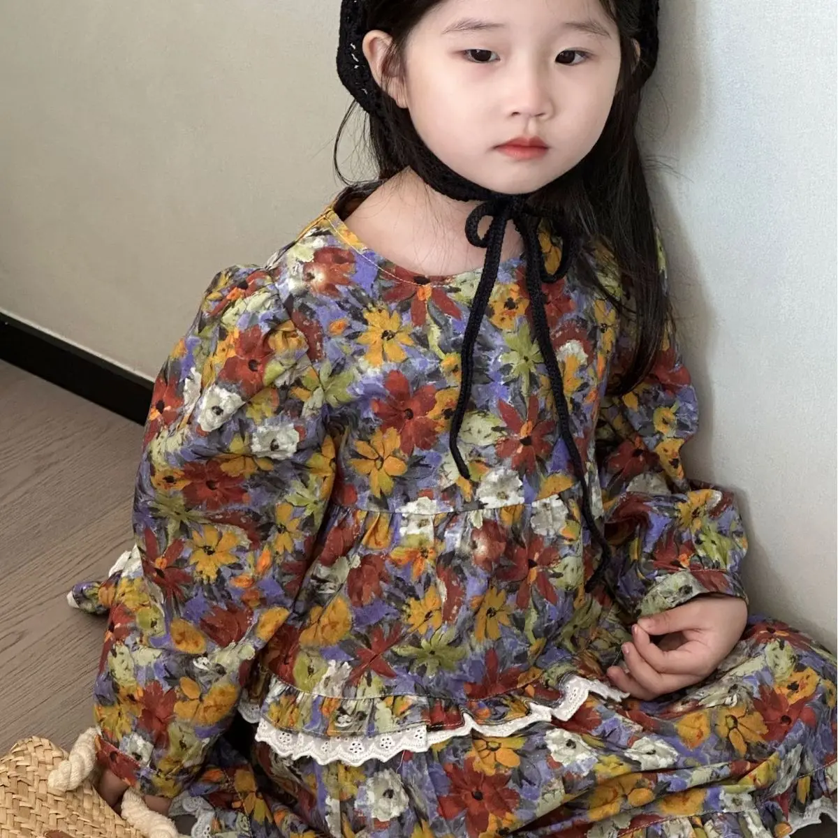 

Girls Retro Dress 2023 Spring and Autumn New Girls' Round Neck Floral Print Princess Dress Kids Fashion Long Sleeve Dress