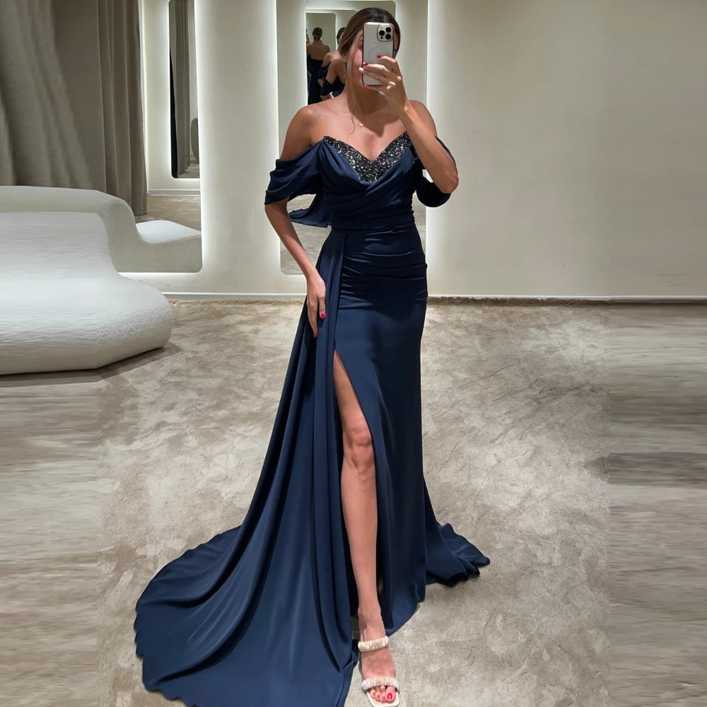 

OEING Off the Shoulder Short Sleeves Party Dress Satin Formal Floor Length Split Beads Elegant Evening Prom Gowns with A Bow Tie