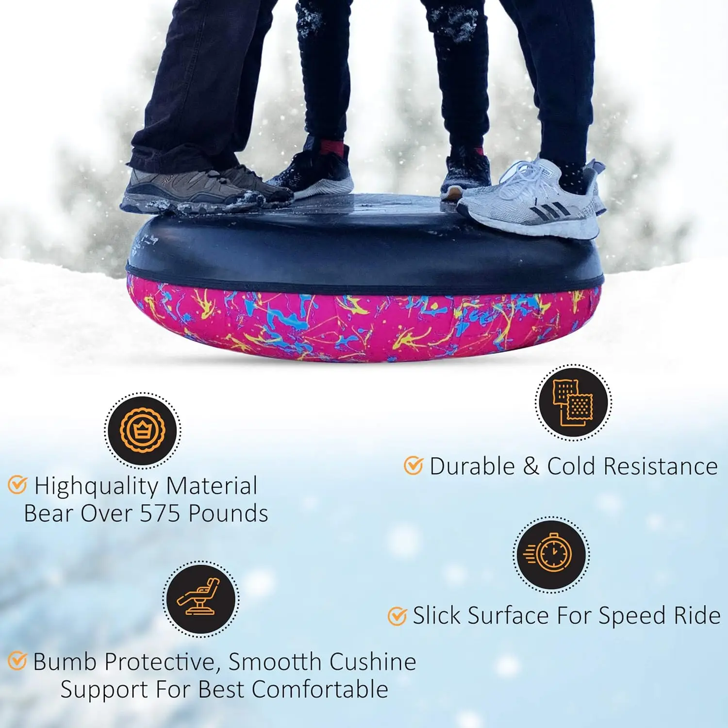 Snow Tube-Heavy Duty Snow Sleds Hard Plastic Bottom, High Speed Tubes, Inflatable Sled for Adults & Kids