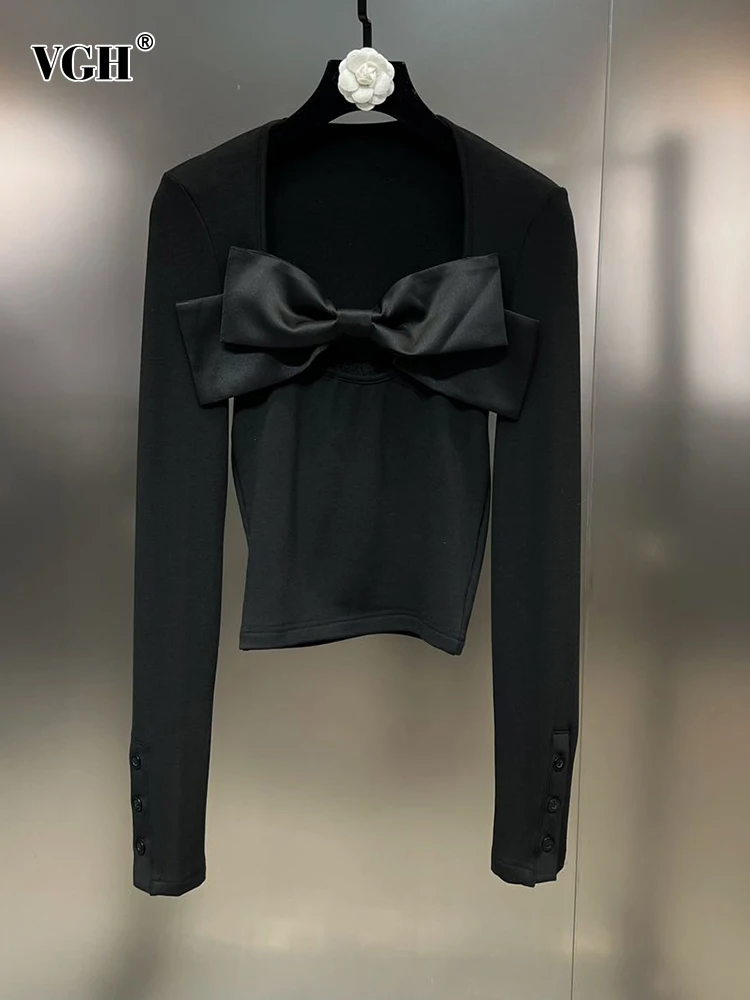 

VGH Solid Patchwork Bowknot Minimalist T Shirts For Women Square Collar Long Sleeve Temperament Pullover T Shirt Female Style