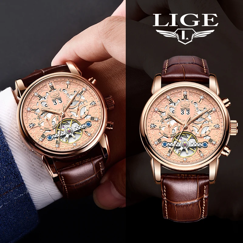 

LIGE Top Brand Luxury Watches Fashion Business Leather Automatic Mechanical Watch for Mens Waterproof Tourbillon Man Chronograph