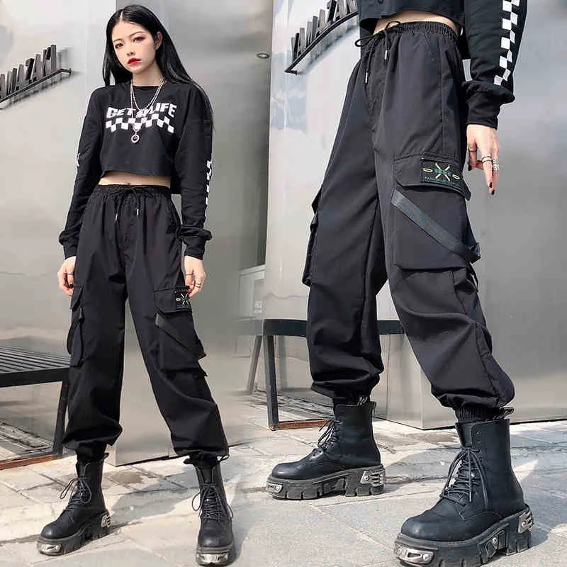 capri sweatpants Casual Big Pockets High Elastic Waist Punk Loose Streetwear Baggy Tactical Trousers Hip Hop Joggers Cargo Mujer Pants Women black cargo pants