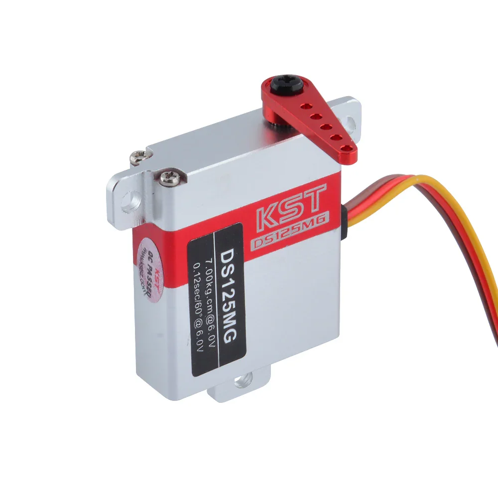 Servo RC miniature 10mm à engrenages métalliques pour planeur, avec vue latérale des connecteurs et du câble.