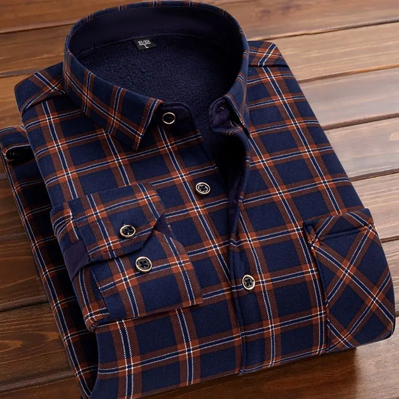 2023 Autumn and Winter New Men\'s Classic Fashion Casual Slim Long-Sleeved Shirt Men\'s Plus Fleece Thickened Warm Plaid Shirt 5XL