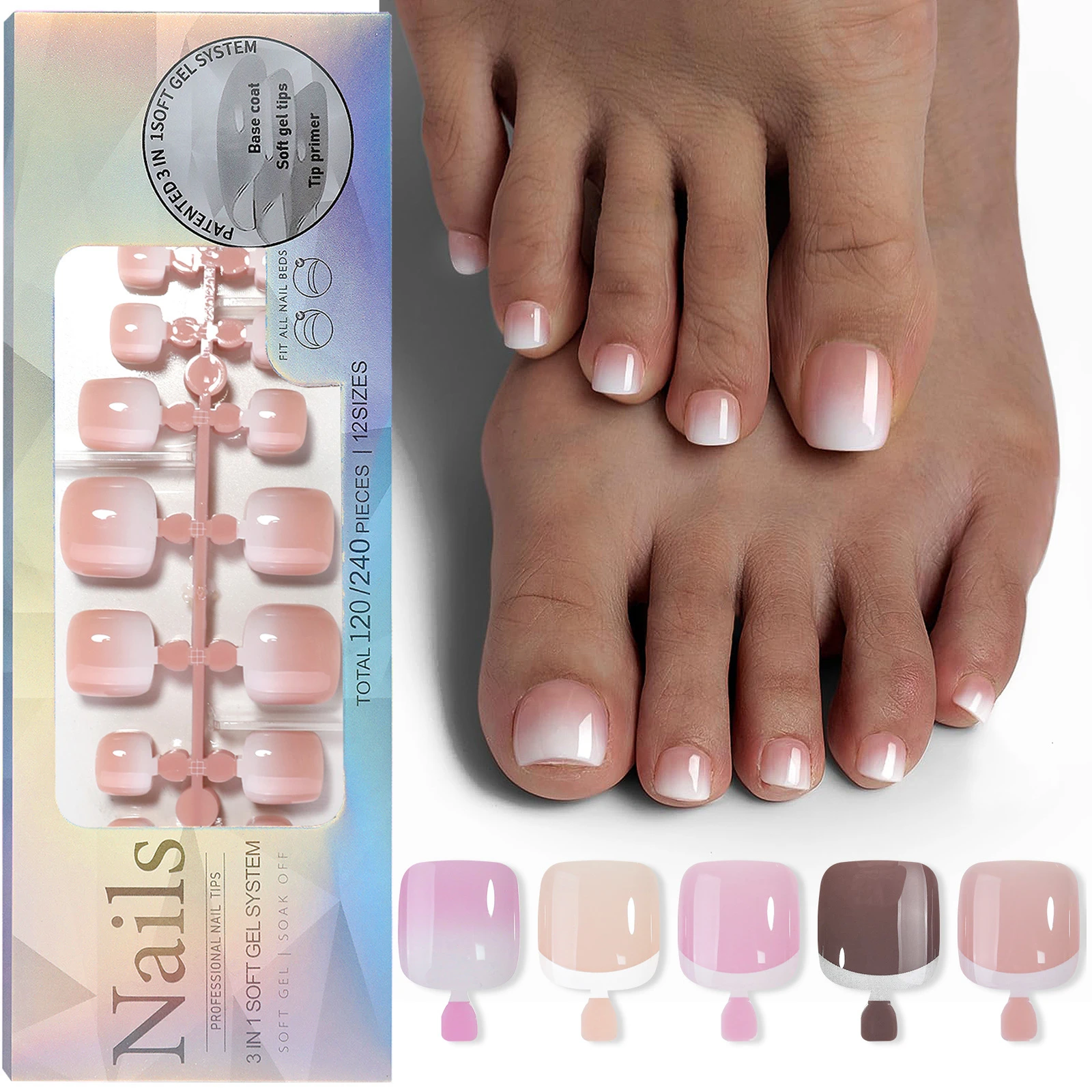 

120Pcs/Box French Toe Press On Nails Detachable Wearable Toenails Patches Artificial Fake False Nail Manicure Tool