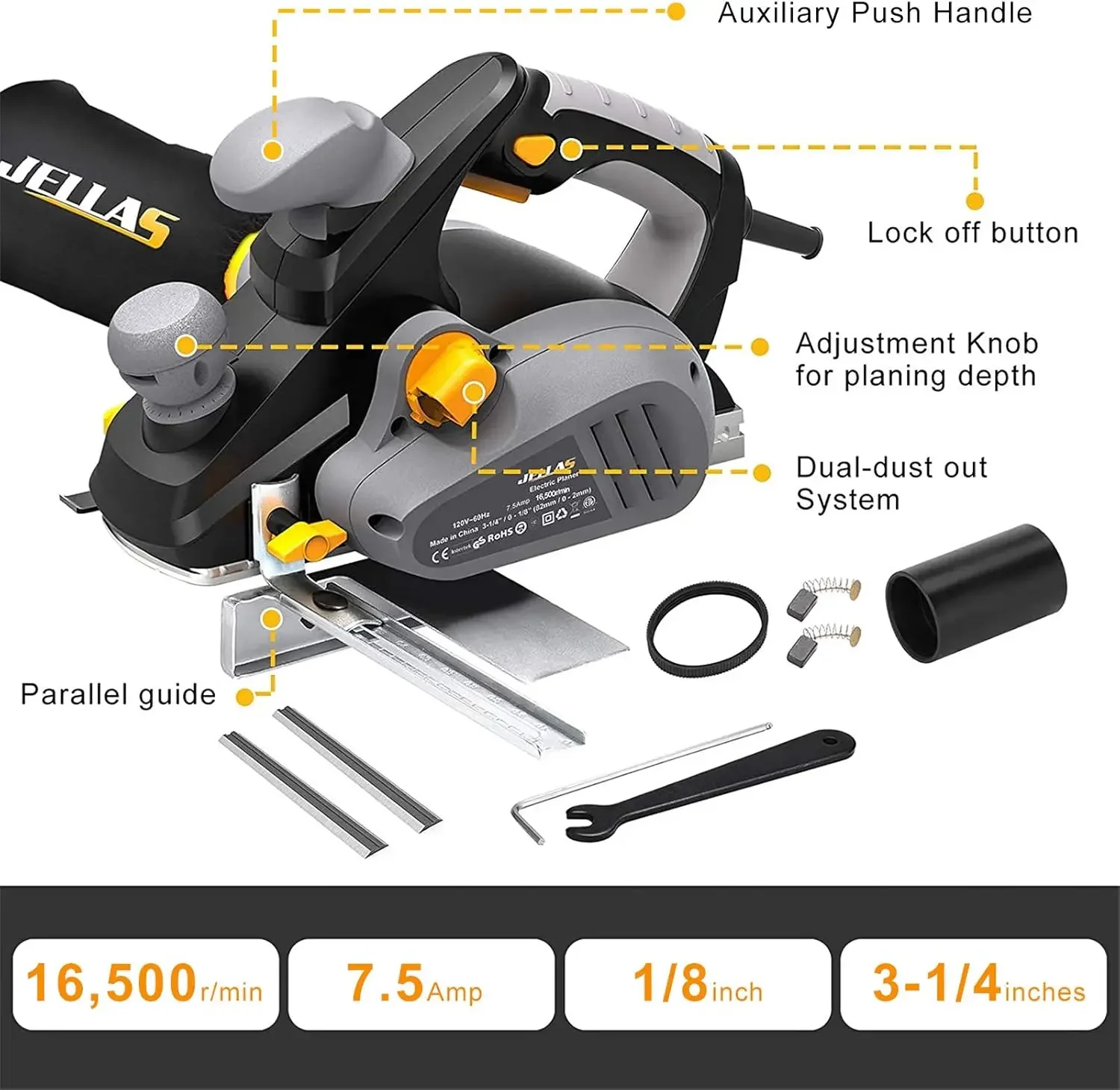 Electric Planer, JELLAS 7.5-Amp 16500 Rpm Power Hand Planer, 3-1/4 Inch Cut Width, Dual-dust out System, Dual-handle Design