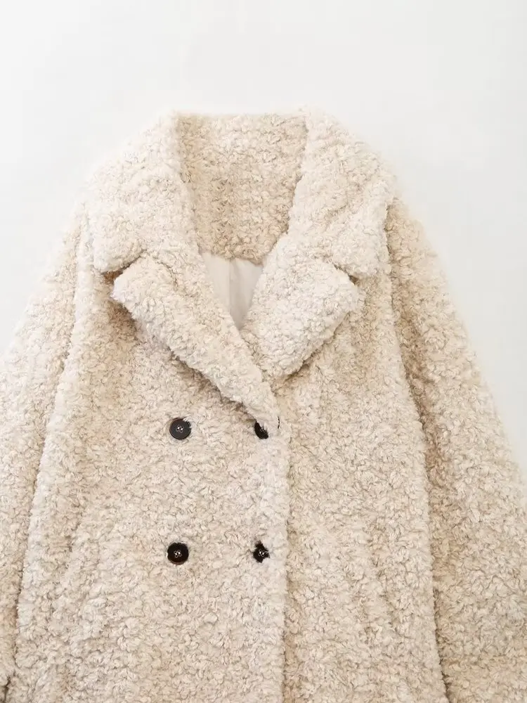 Withered Faux Fur Texture Double-Breasted Coat British Fashion Women's Winter Beige Color Warm Retro Lamb Wool Jacket Women