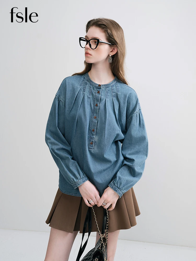 FSLE Casual Design Round Neck Pure Cotton Denim Shirt for Women 2023 Autumn Niche French All-match Loose Tops Shirt Female