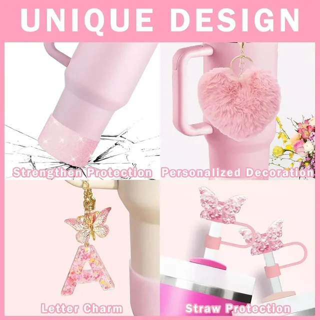 9PCS Accessory Set for Stanley Cup 30oz 40oz Butterfly Straw Cover Cap Silicone Boot Charm Initials Sticker Spill Proof Stopper 2