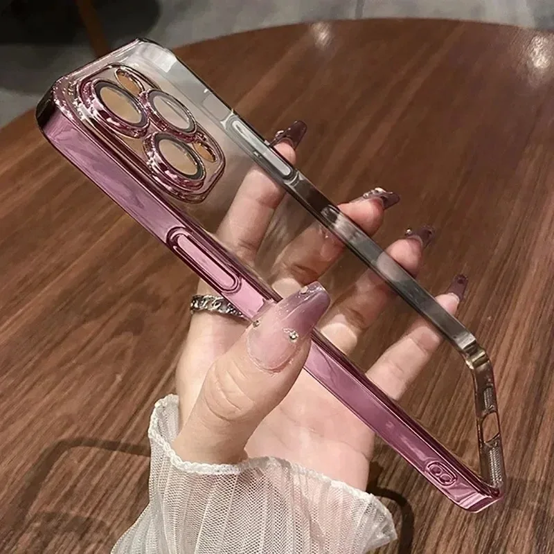 Luxury Plating Clear Phone Case with Full Lens Protector and Silicone Cover