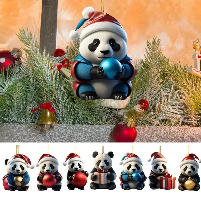 

2D Animal Christmas Tree Ornaments Acrylic Panda Keychain decors durable hanging Rearview Mirror Ornaments for cars suv rv decor
