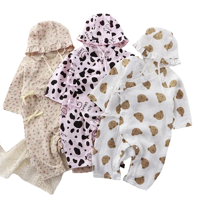 

Rompers for baby girls boys Newborn Clothes with hat jumpsuits bodysuits & one-pieces Double Yarn Print Baby Breathable kids