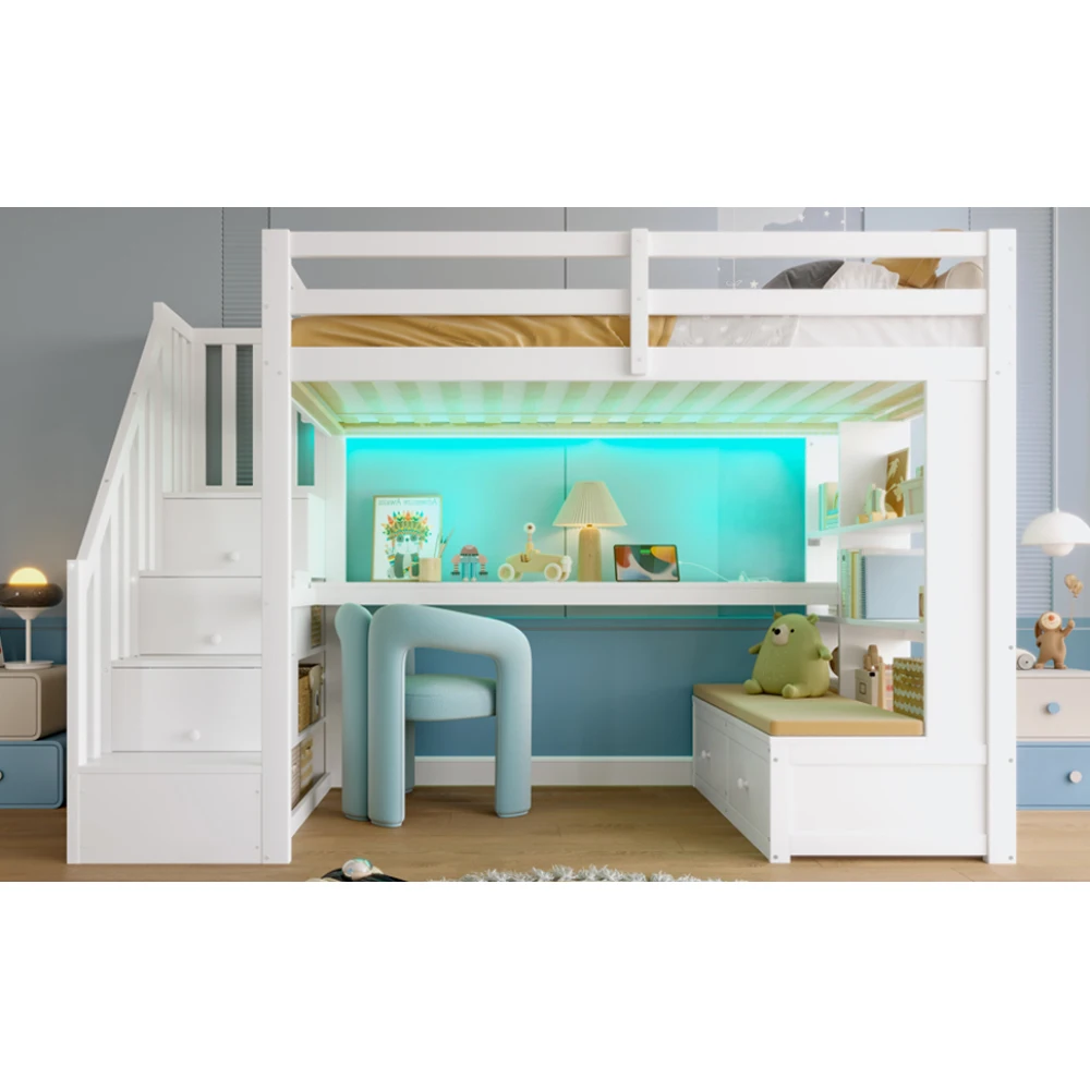 90x200cm modernes Hochbett, Kinderbett, Babybett mit Schreibtisch und Regalen, zwei integrierte Schubladen, Stauraumtreppe, Schlafzimmermöbel – Detail 18