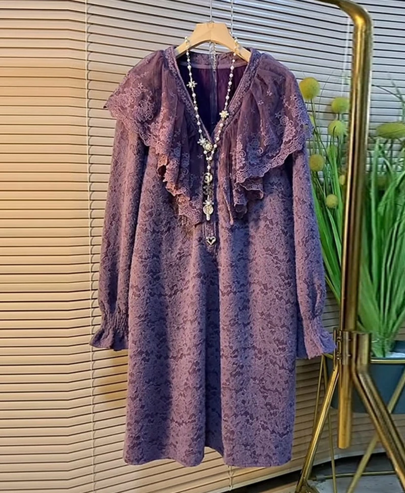 

V Neck Ruffles Lace Loose Casual Dress Women Autumn Vintage Embroidery Flower Elegant Mid-length Dress Office Lady Vestido