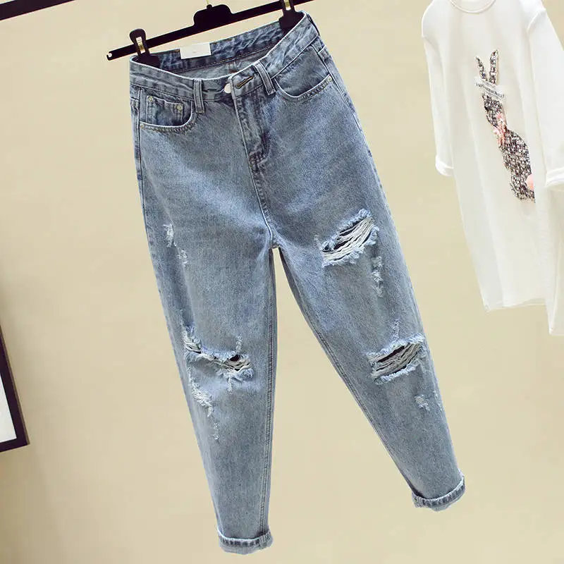 Ailegogo New Summer Women Washed Loose Denim Jeans Pants Straight Ankle Length Pants Female Tassel Hole High Waist Trousers ariat jeans