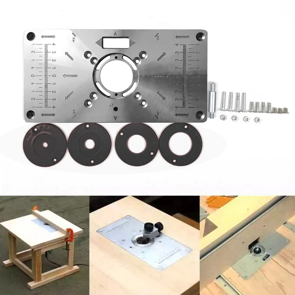 Wood Router Machine Router Table Insert Plate Woodworking Benches Aluminium Wood Router Trimmer Models Engraving Machine with 4 Rings Tools