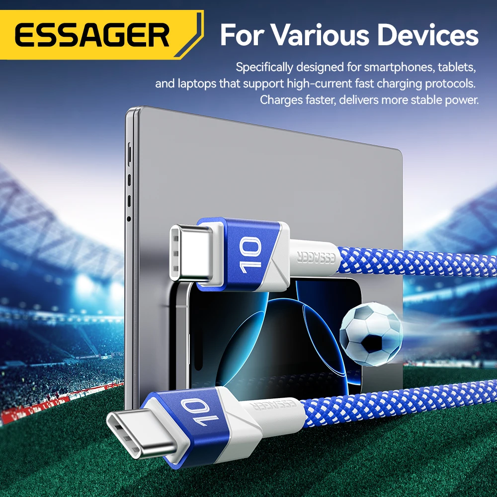 ESSAGER 100W 5A USB C to USB C Cable for iPhone 17 16 15 14 Pro Max MacBook iPad Laptop Fast Charging Football Team Colors Wire