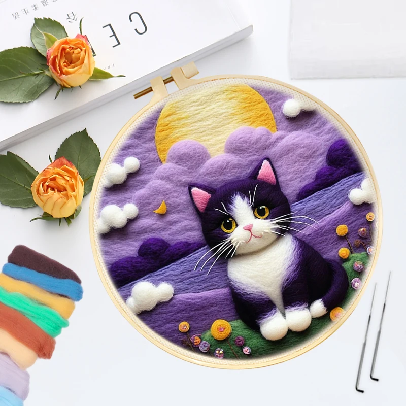 Purple Cat Design DIY Needle Felting Painting Kit with Frame Wool Needle Felt Set for Home Decoration Creative Craft needle felting kit wool felting kit needle felting painting kit