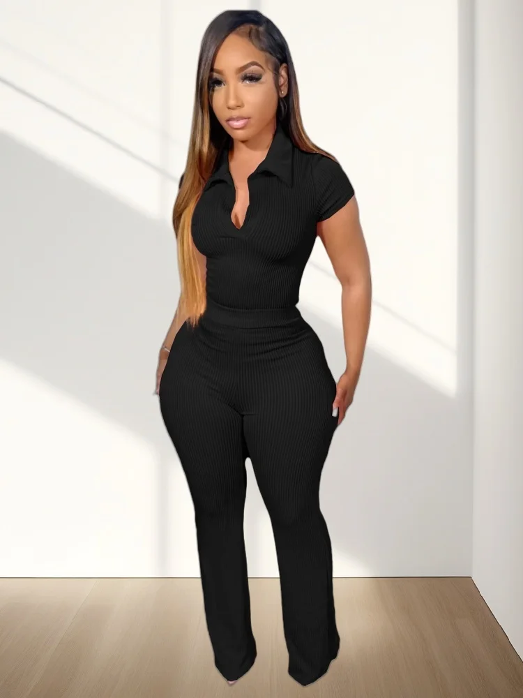 Wmstar 2025 New Women Fashionable Elegant Two Piece Sets Solid Color Sports Trousers with A Pocketed Collar Short Sleeves