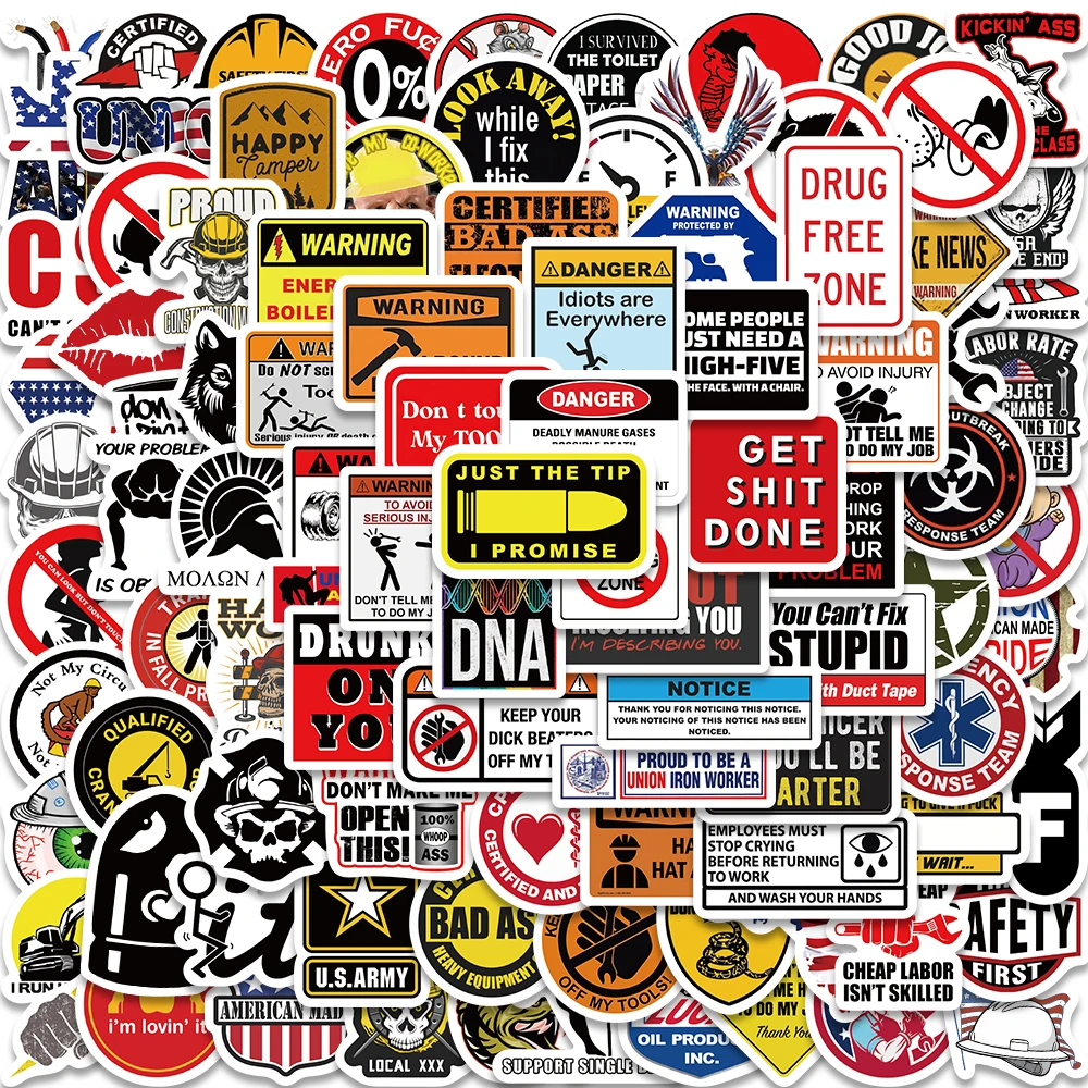 98PCS Funny Hard Hat Brand Sign Cool Sticker Outdoor Construction Workers Helmet Motorcycle Car Tools Laptop Bicycle Stickers 10pcs soccer training sign windproof conical barrel skateboard roller skating obstacle football roller skating training tools