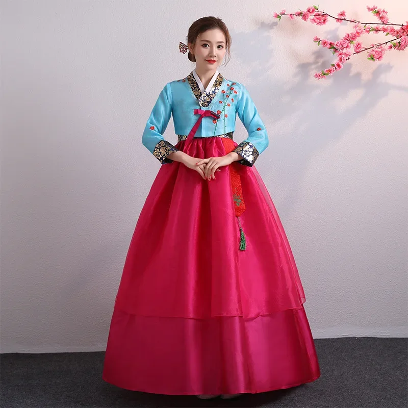 

Традиционный костюм Hanbok для женщин в Корейском стиле, танцевальное платье для выступлений в вечерних магазинах с цветами для новогодней свадебной вечеринки
