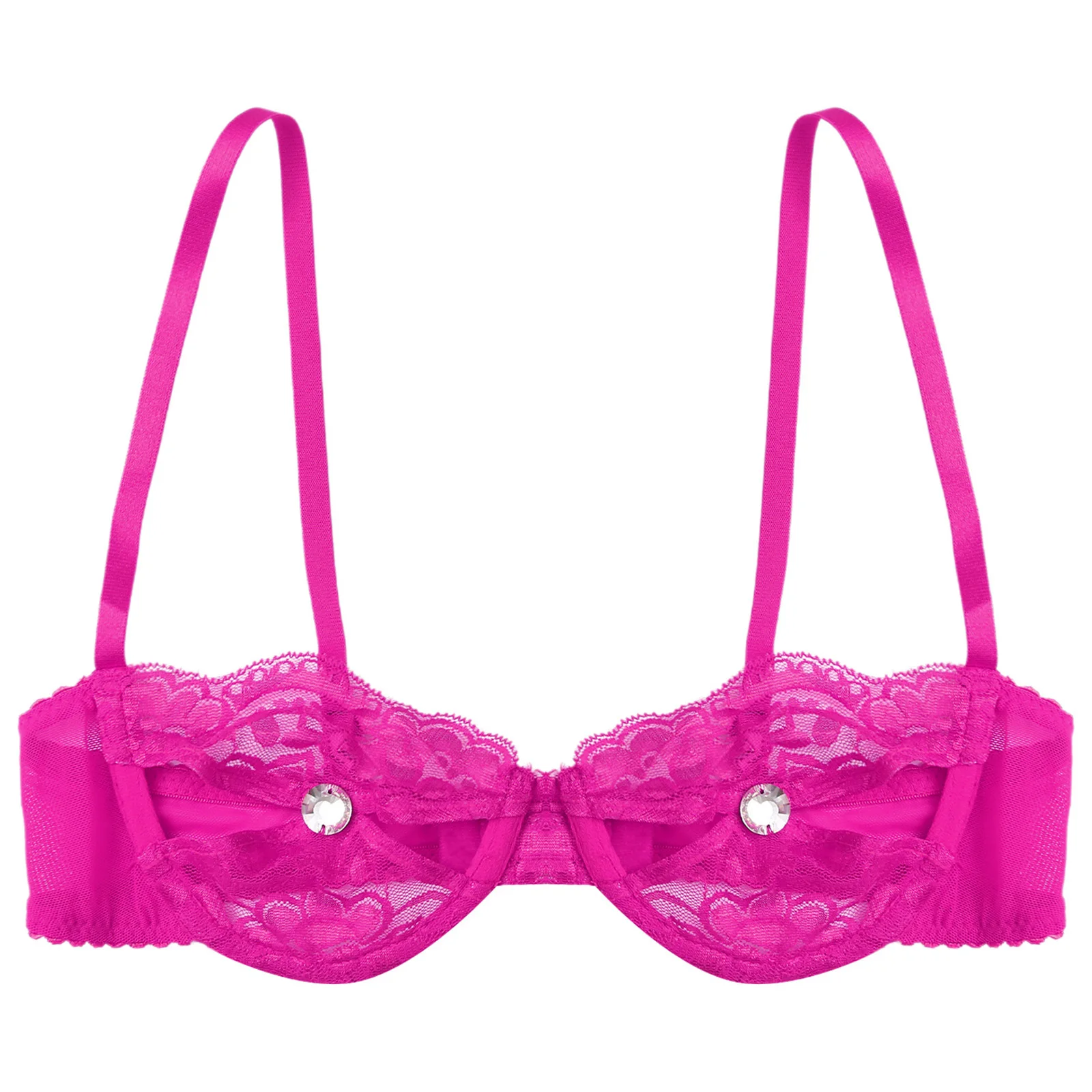 thumbnail image 5 of Sujetador sin forro con pezón abierto y diamantes de imitación brillantes para mujer, lencería transparente de encaje Floral, ropa interior con sujetador de media copa de realce, 5 of 5