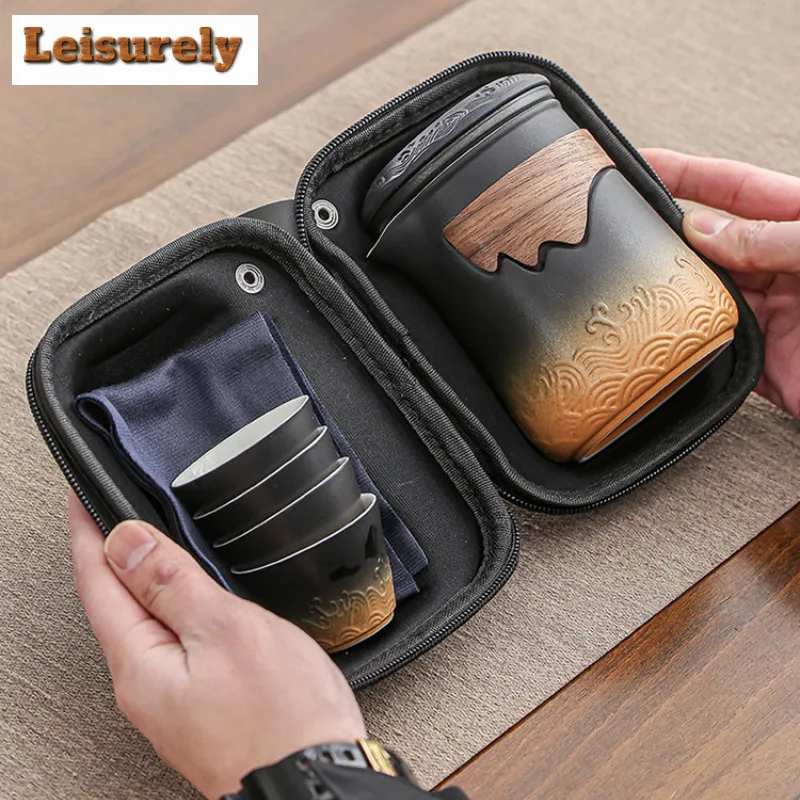 Coarse Pottery Travel Tea Set Kit 1 Teapot 4 Cups Portable Outdoor Camping Teapot And Tea Cup With Bag Teaware Making Tea Tool